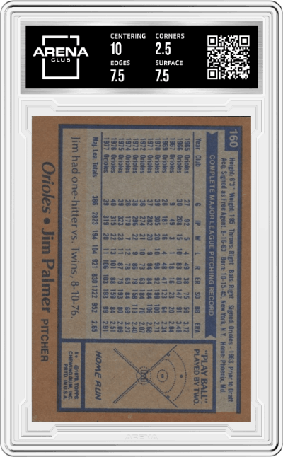 Jim Palmer from the 1978 Topps set graded by Arena Club and given an overall grade of 3.