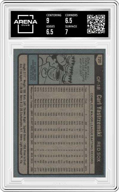 Carl Yastrzemski from the 1980 Topps set graded by Arena Club and given an overall grade of 7.