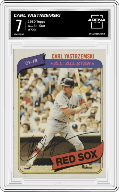 Carl Yastrzemski from the 1980 Topps set graded by Arena Club and given an overall grade of 7.