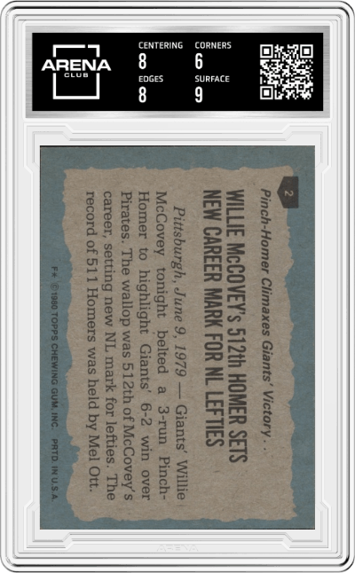 Willie McCovey from the 1980 Topps set graded by Arena Club and given an overall grade of 6.5.