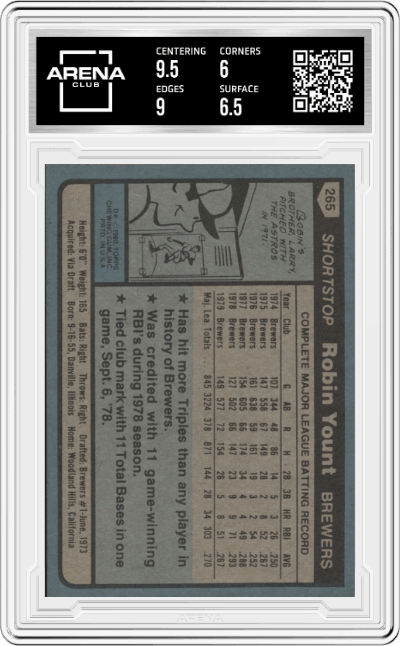 Robin Yount from the 1980 Topps set graded by Arena Club and given an overall grade of 6.5.