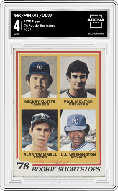 Mickey Klutts/Paul Molitor/Alan Trammell/U.L. Washington from the 1978 Topps set graded by Arena Club and given an overall grade of 4.