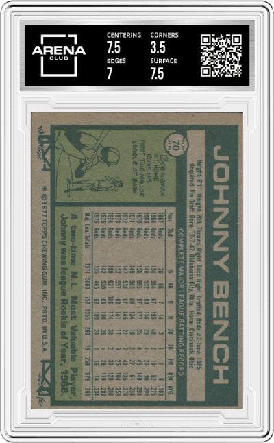 Johnny Bench from the 1977 Topps set graded by Arena Club and given an overall grade of 4.