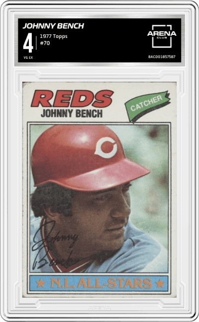 Johnny Bench from the 1977 Topps set graded by Arena Club and given an overall grade of 4.