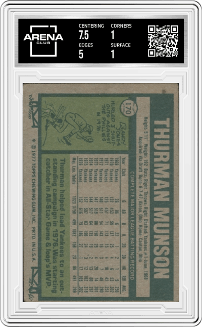 Thurman Munson from the 1977 Topps set graded by Arena Club and given an overall grade of 1.5.