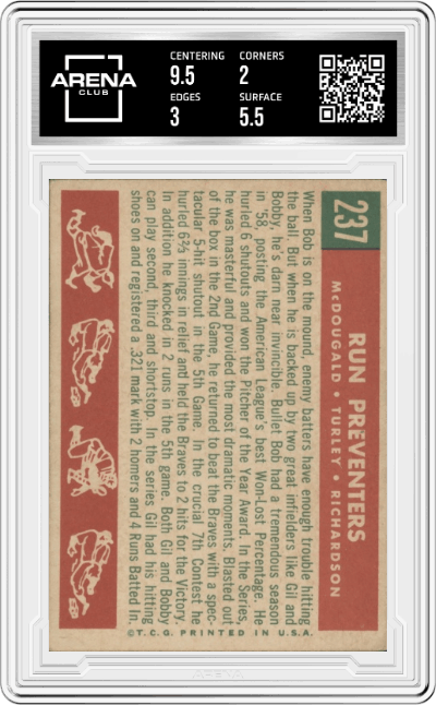 McDougald/Turley/Richardson from the 1959 Topps set graded by Arena Club and given an overall grade of 2.5.