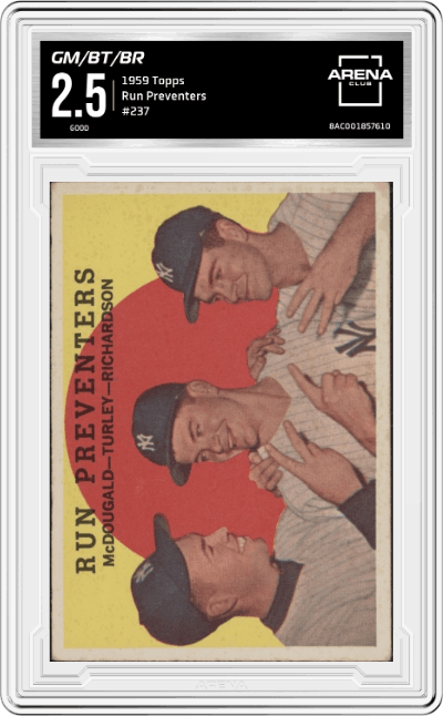 McDougald/Turley/Richardson from the 1959 Topps set graded by Arena Club and given an overall grade of 2.5.