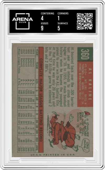 Al Kaline from the 1959 Topps set graded by Arena Club and given an overall grade of 1.5.