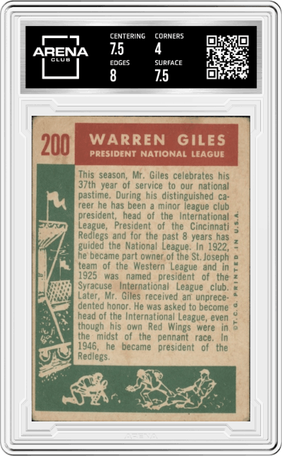 Warren Giles from the 1959 Topps set graded by Arena Club and given an overall grade of 4.5.