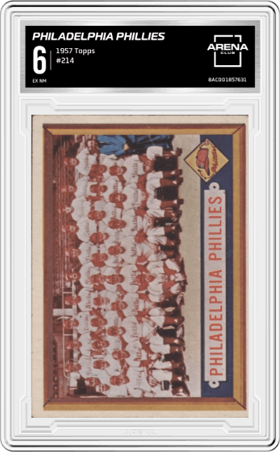 Philadelphia Phillies Team from the 1957 Topps set graded by Arena Club and given an overall grade of 6.