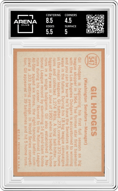 Gil Hodges from the 1964 Topps set graded by Arena Club and given an overall grade of 5.