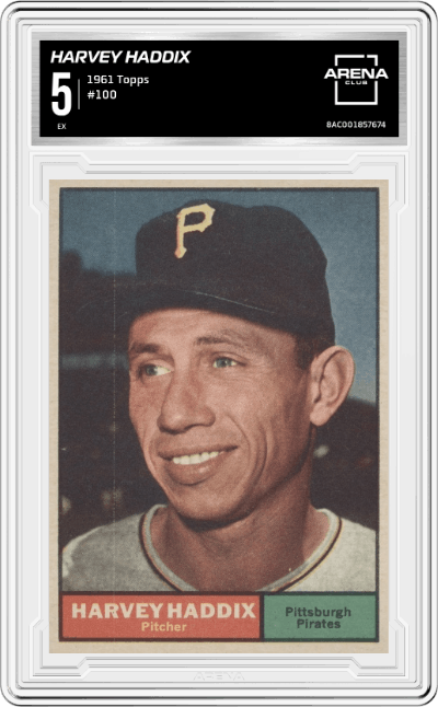 Harvey Haddix from the 1961 Topps set graded by Arena Club and given an overall grade of 5.