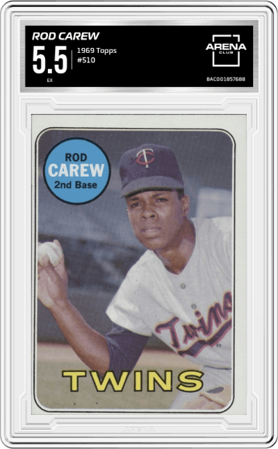 Rod Carew from the 1969 Topps set graded by Arena Club and given an overall grade of 5.5.