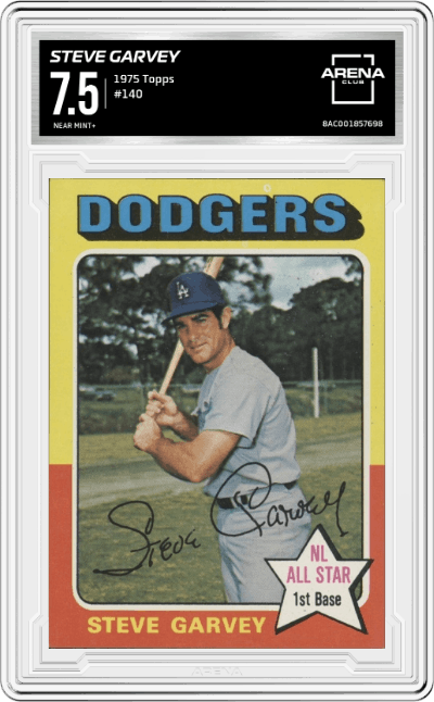 Steve Garvey from the 1975 Topps set graded by Arena Club and given an overall grade of 7.5.