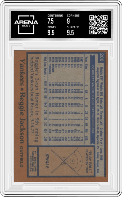 Reggie Jackson from the 1978 Topps set graded by Arena Club and given an overall grade of 8.