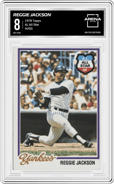 Reggie Jackson from the 1978 Topps set graded by Arena Club and given an overall grade of 8.