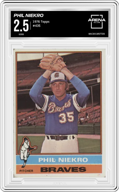 Phil Niekro from the 1976 Topps set graded by Arena Club and given an overall grade of 2.5.