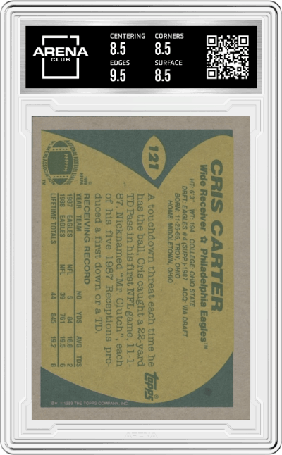 Cris Carter from the 1989 Topps set graded by Arena Club and given an overall grade of 9.
