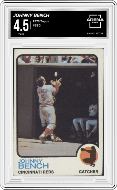 Johnny Bench from the 1973 Topps set graded by Arena Club and given an overall grade of 4.5.