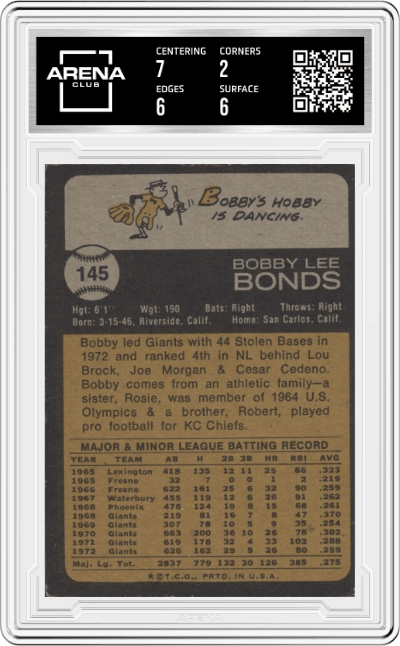 Bobby Bonds from the 1973 Topps set graded by Arena Club and given an overall grade of 2.5.
