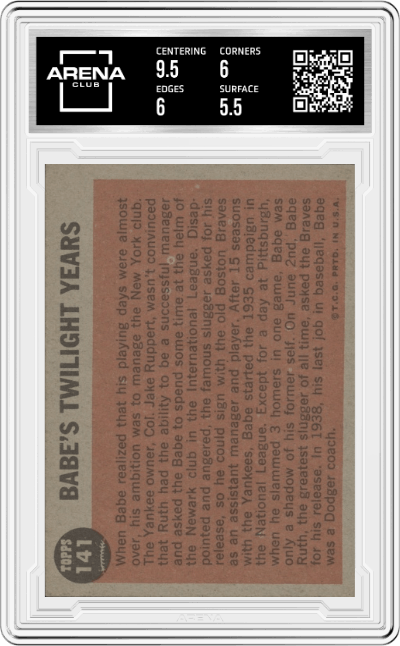 Babe Ruth from the 1962 Topps set graded by Arena Club and given an overall grade of 6.