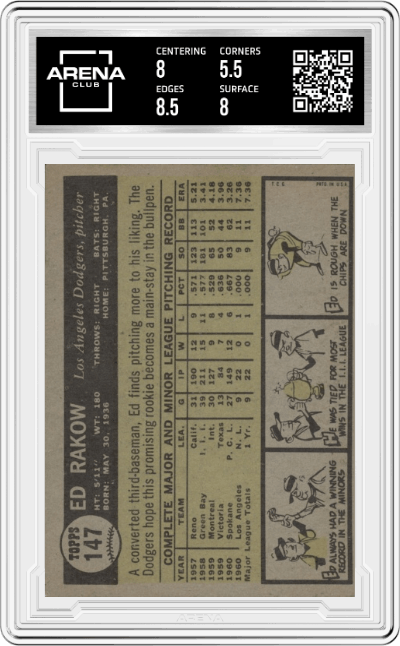 Ed Rakow from the 1961 Topps set graded by Arena Club and given an overall grade of 6.