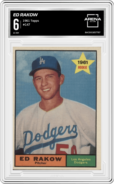 Ed Rakow from the 1961 Topps set graded by Arena Club and given an overall grade of 6.