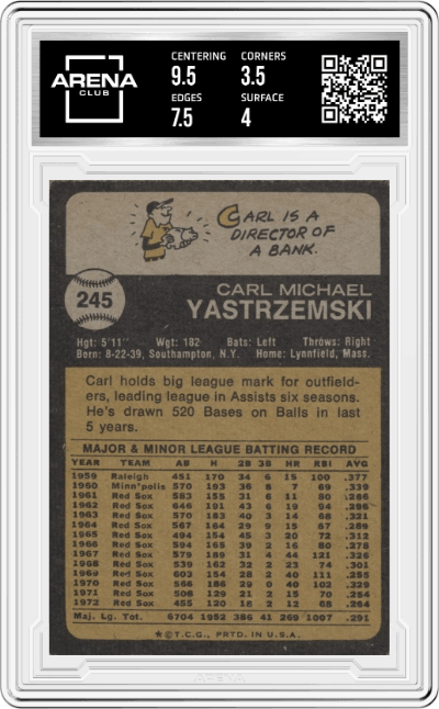 Carl Yastrzemski from the 1973 Topps set graded by Arena Club and given an overall grade of 4.
