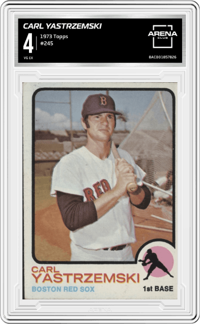 Carl Yastrzemski from the 1973 Topps set graded by Arena Club and given an overall grade of 4.