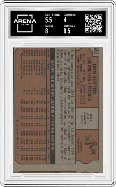 Don Sutton from the 1972 Topps set graded by Arena Club and given an overall grade of 4.5.