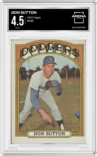 Don Sutton from the 1972 Topps set graded by Arena Club and given an overall grade of 4.5.