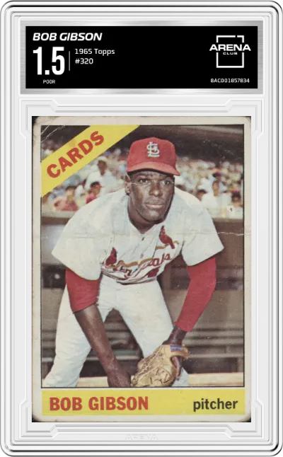 Bob Gibson from the 1965 Topps set graded by Arena Club and given an overall grade of 1.5.