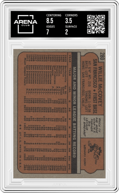 Willie McCovey from the 1972 Topps set graded by Arena Club and given an overall grade of 2.5.