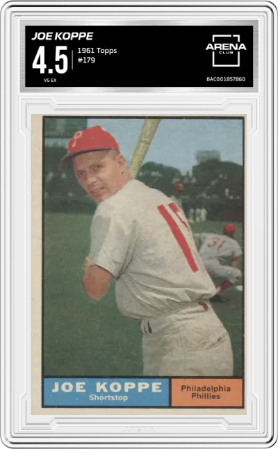 Joe Koppe from the 1961 Topps set graded by Arena Club and given an overall grade of 4.5.