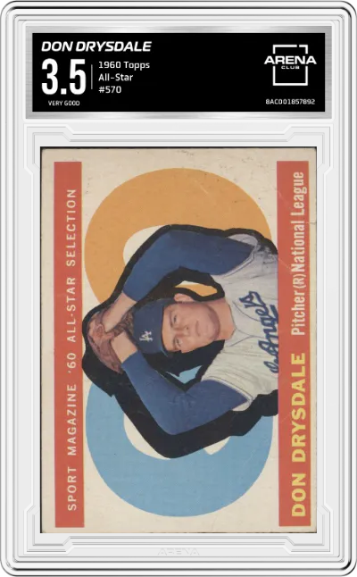 Don Drysdale from the 1960 Topps set graded by Arena Club and given an overall grade of 3.5.