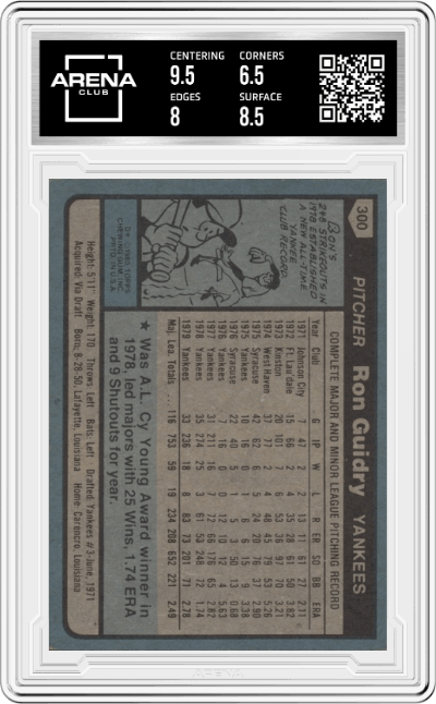 Ron Guidry from the 1980 Topps set graded by Arena Club and given an overall grade of 7.