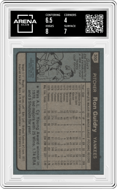 Ron Guidry from the 1980 Topps set graded by Arena Club and given an overall grade of 4.5.
