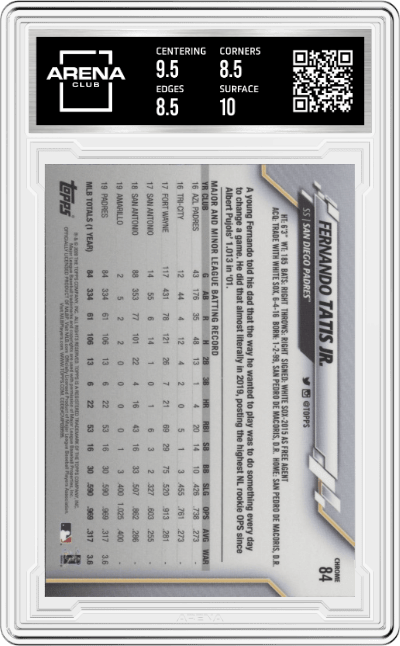 Fernando Tatis Jr. from the 2020 Topps Chrome set graded by Arena Club and given an overall grade of 9.