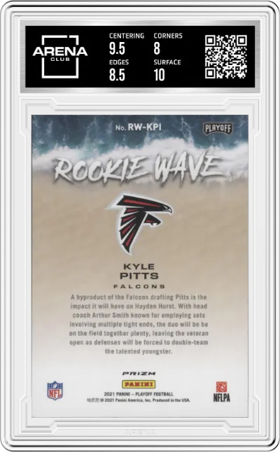 Kyle Pitts from the 2021 Panini Playoff set featuring a Red parallel graded by Arena Club and given an overall grade of 8.5.