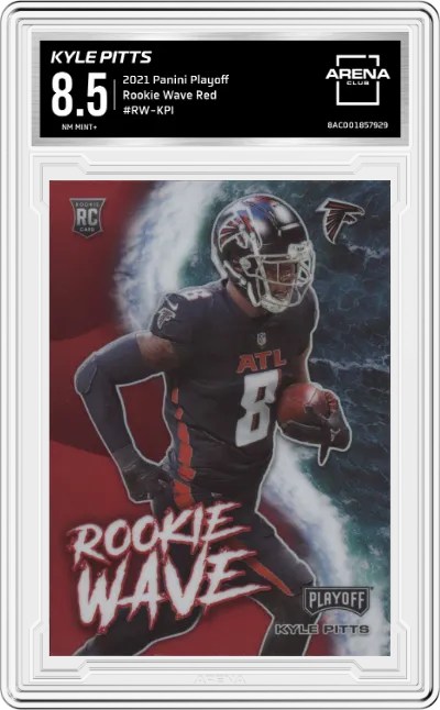 Kyle Pitts from the 2021 Panini Playoff set featuring a Red parallel graded by Arena Club and given an overall grade of 8.5.