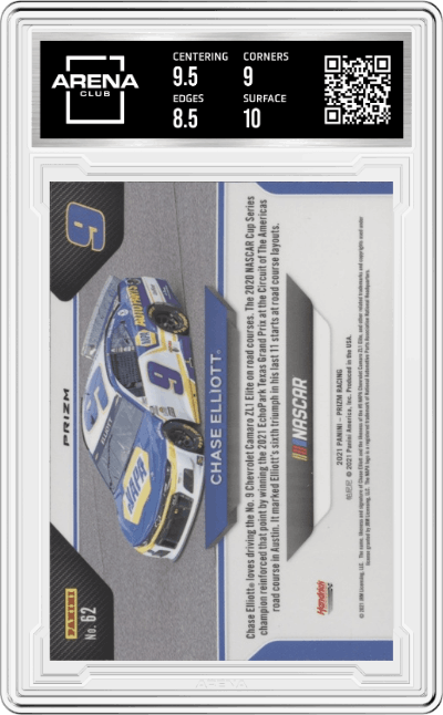 Chase Elliott from the 2021 Panini Prizm Racing NASCAR set featuring a Blue Prizm parallel graded by Arena Club and given an overall grade of 9.