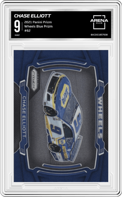 Chase Elliott from the 2021 Panini Prizm Racing NASCAR set featuring a Blue Prizm parallel graded by Arena Club and given an overall grade of 9.