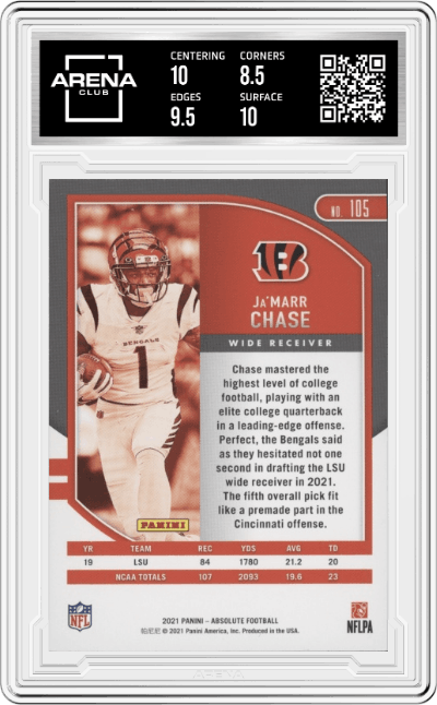 Ja'Marr Chase from the 2021 Panini Absolute set graded by Arena Club and given an overall grade of 9.