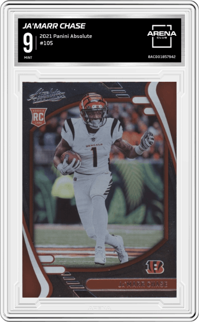 Ja'Marr Chase from the 2021 Panini Absolute set graded by Arena Club and given an overall grade of 9.