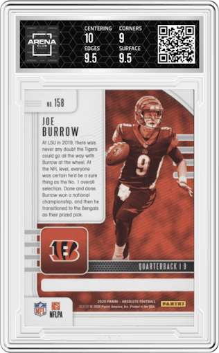 Joe Burrow from the 2020 Panini Absolute set graded by Arena Club and given an overall grade of 9.5.