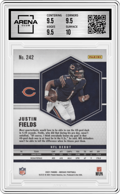 Justin Fields from the 2021 Panini Mosaic set graded by Arena Club and given an overall grade of 10.