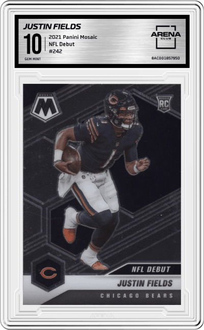 Justin Fields from the 2021 Panini Mosaic set graded by Arena Club and given an overall grade of 10.
