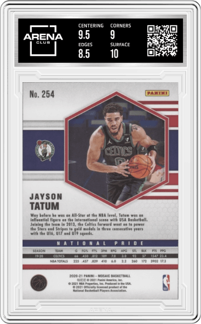 Jayson Tatum from the 2020-21 Panini Mosaic set graded by Arena Club and given an overall grade of 9.