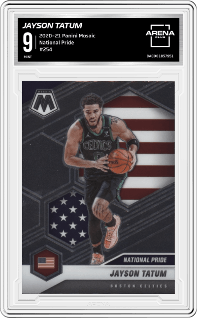 Jayson Tatum from the 2020-21 Panini Mosaic set graded by Arena Club and given an overall grade of 9.