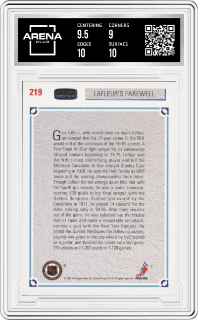 Lafleur's Farewell from the 1991-92 Upper Deck set graded by Arena Club and given an overall grade of 9.5.